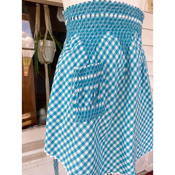 Vintage Turquoise Blue Gingham Check Smocked Half Apron Farmhouse - Picture 5 of 8